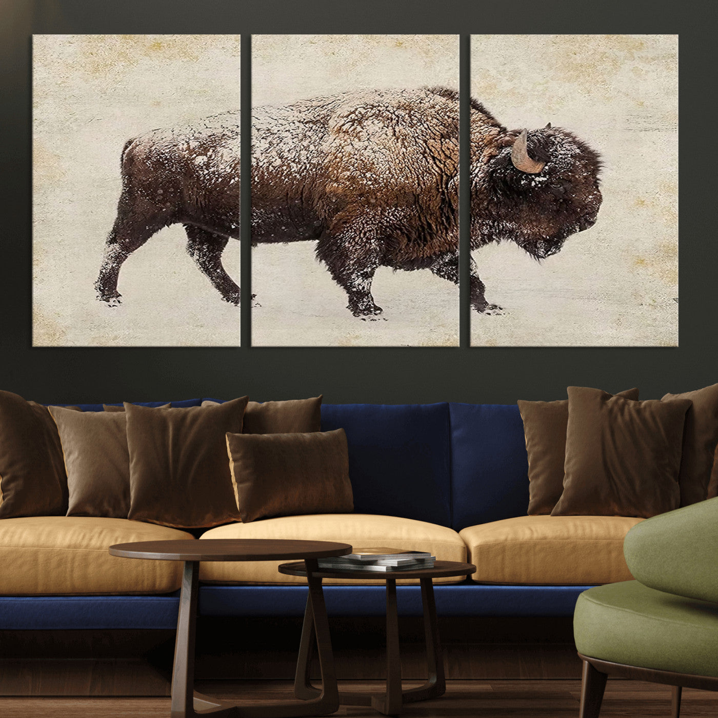 MGV-CV-60X30-3P - Buffalo Wall Art, Western Bison Canvas Print, Rustic Buffalo Art for Cowboy Western Decor, Large Multi-Panel Giclee Canvas for Farmhouse Wall Decor
