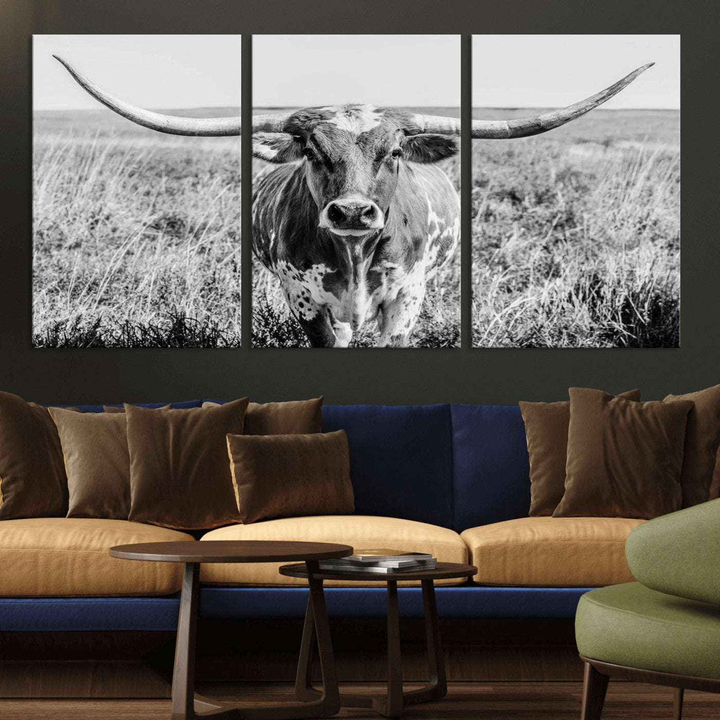 MGV-CV-60X30-3P - Texas Cow Longhorn Wall Art Canvas Print for Farm House Wall Decor, Farmhouse Wall Art Print