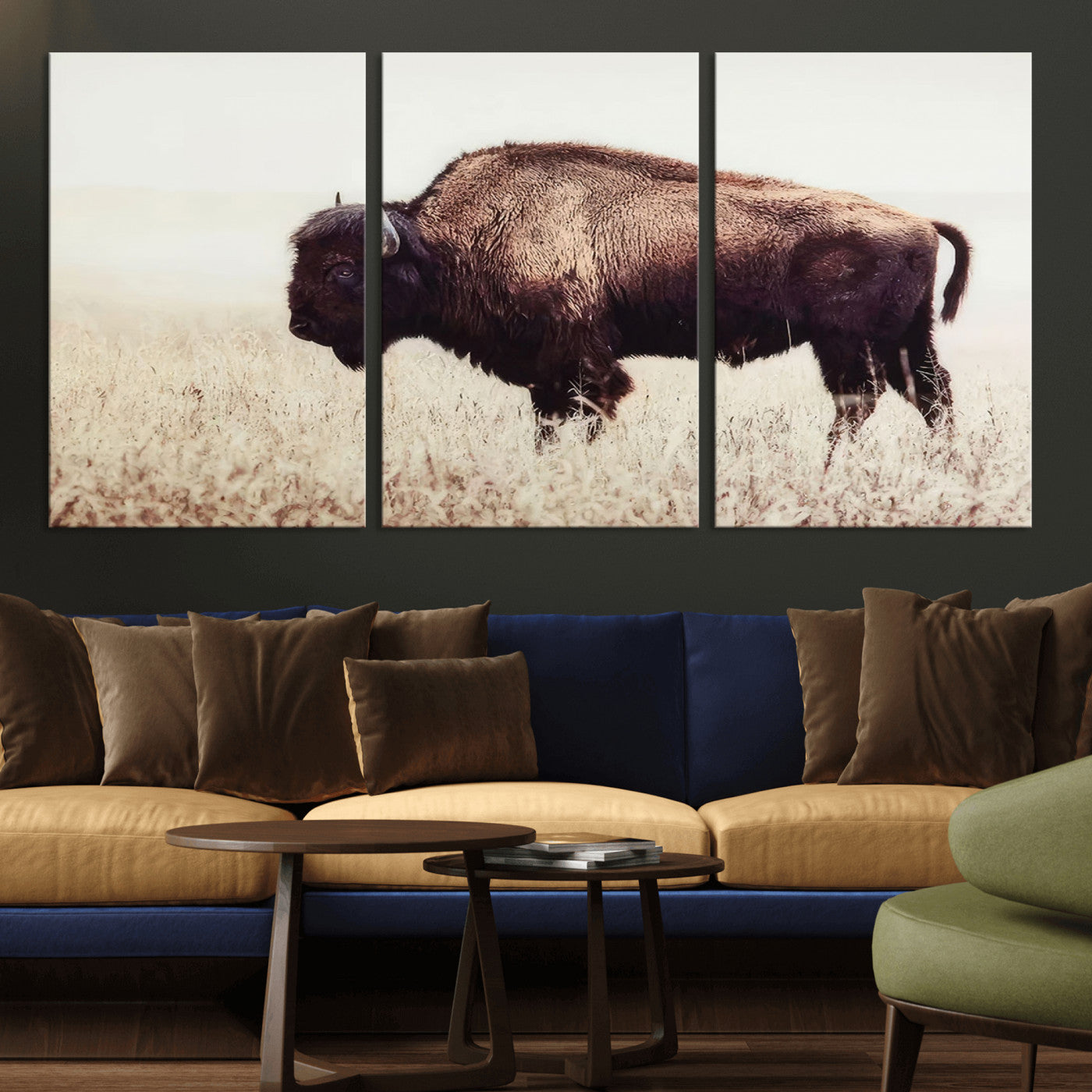 MGV-CV-60X30-3P - Bison in Field Wall Art Canvas Print For Farmhouse Barn Decor
