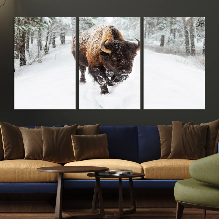 The dining area showcases the Bison Wall Art Canvas Print for Farmhouse.