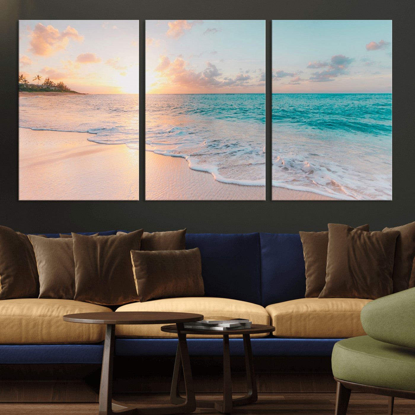 MGV-CV-60X30-3P - Beach Sunrise Wall Art, Coastal Seascape Canvas Print, Ocean Wave Multi-Panel Giclee, Coastal Sunset Beach Scene for Modern Decor