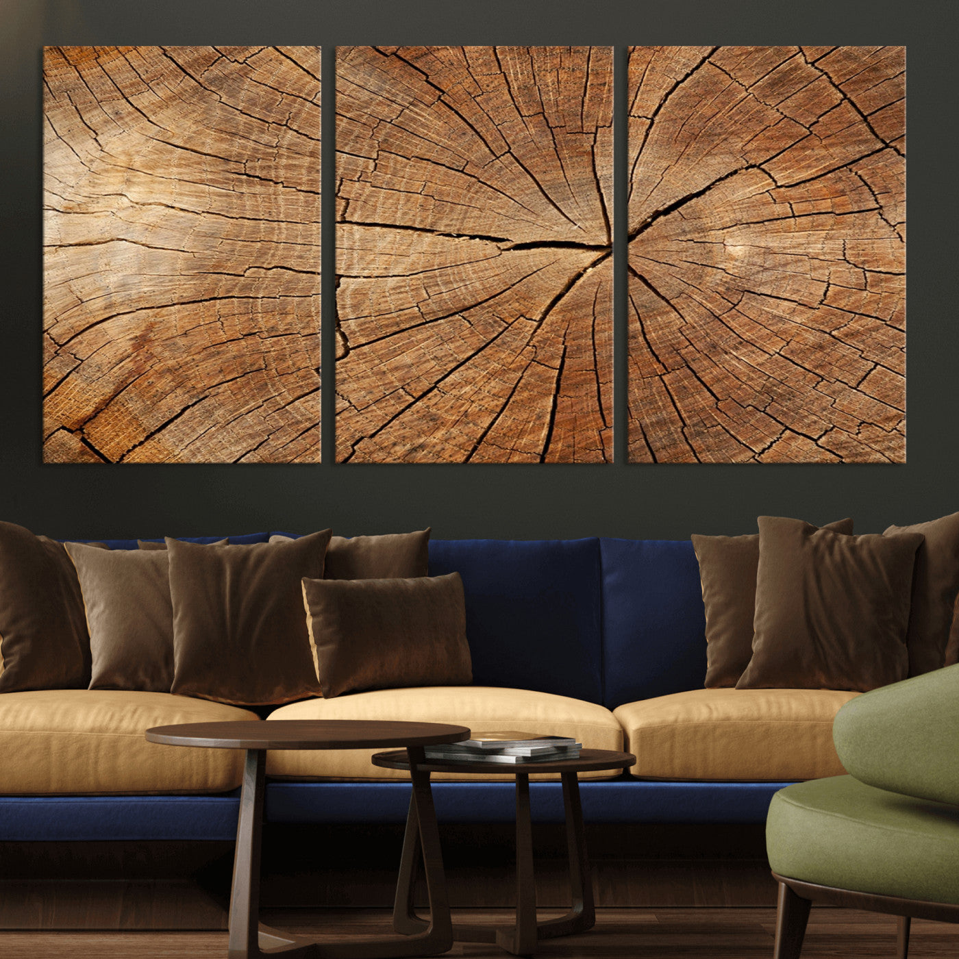 MGV-CV-60X30-3P - Tree Ring Canvas Art, Rustic Wood Grain Wall Art, Tree Slice Decor for Modern Homes, Giclee Multi-Panel Print, Tree Ring Wall Art Set