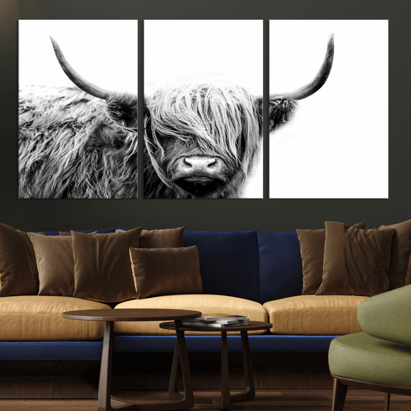 MGV-CV-60X30-3P - Black White Scottish Highland Cow Cattle Art Print Farmhouse Wall Art Canvas Print