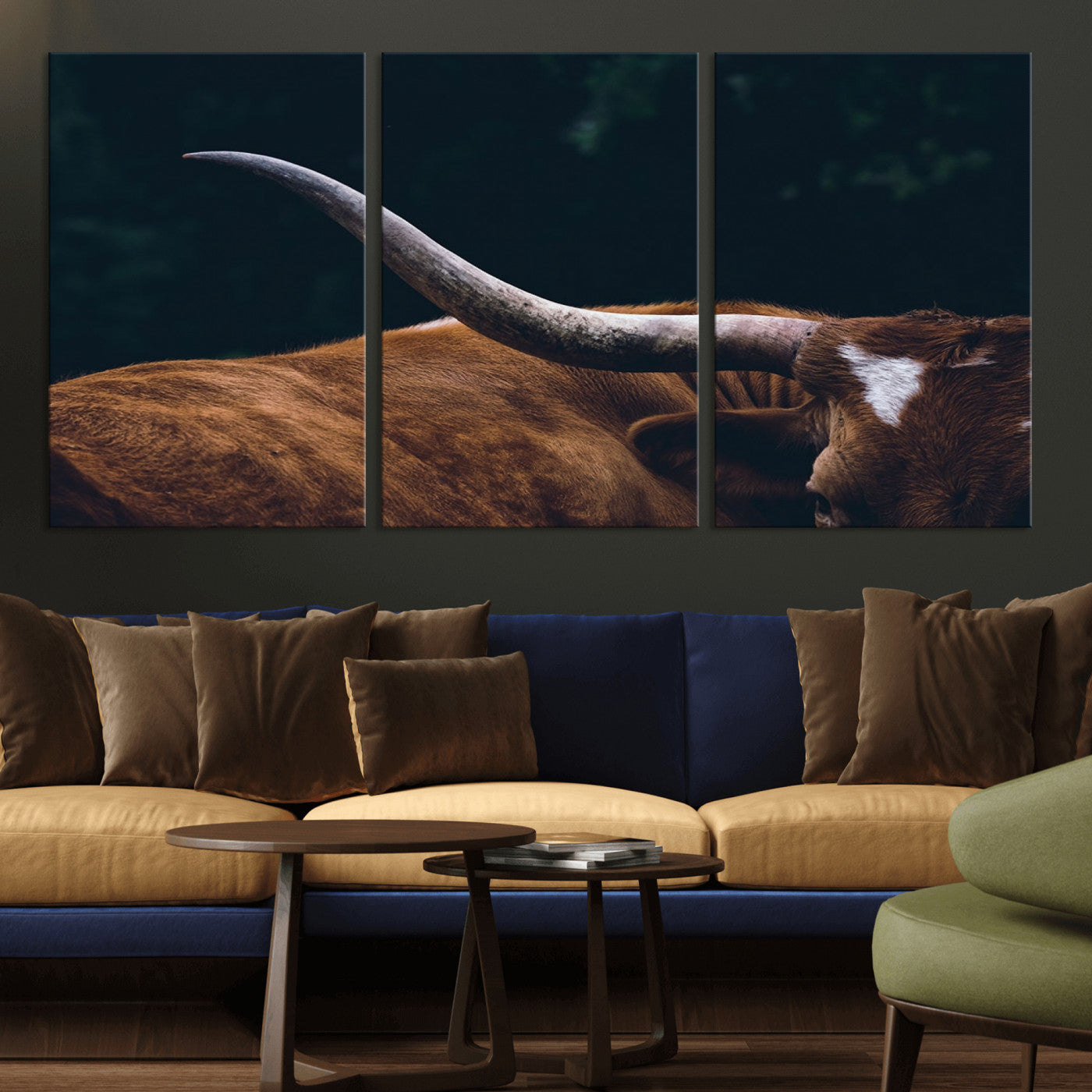 MGV-CV-60X30-3P - Texas Longhorn Bull Wall Art Canvas Print - Large Framed Canvas Wall Art, Animal Print for Rustic Home or Office Décor, Farmhouse Cabin Wall Decor
