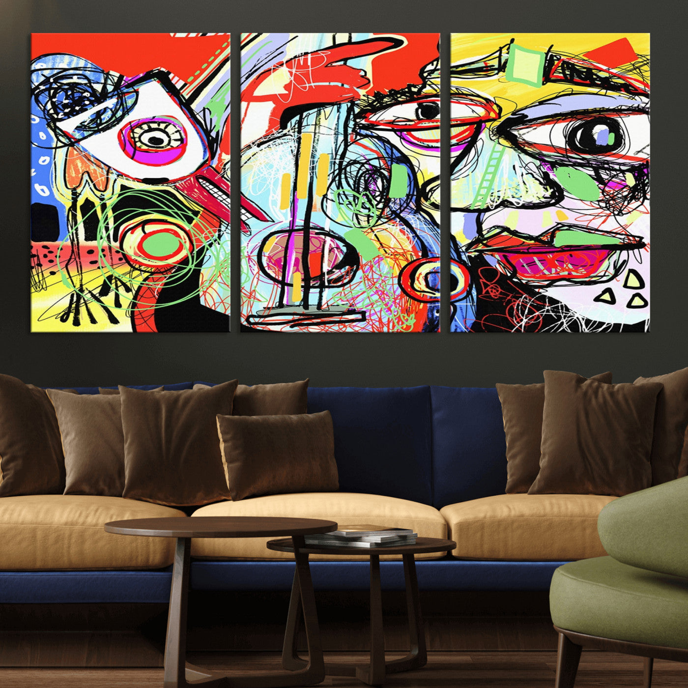 MGV-CV-60X30-3P - Picasso Style Art Abstract Canvas Wall Art Print , Colorful Abstract Artwork