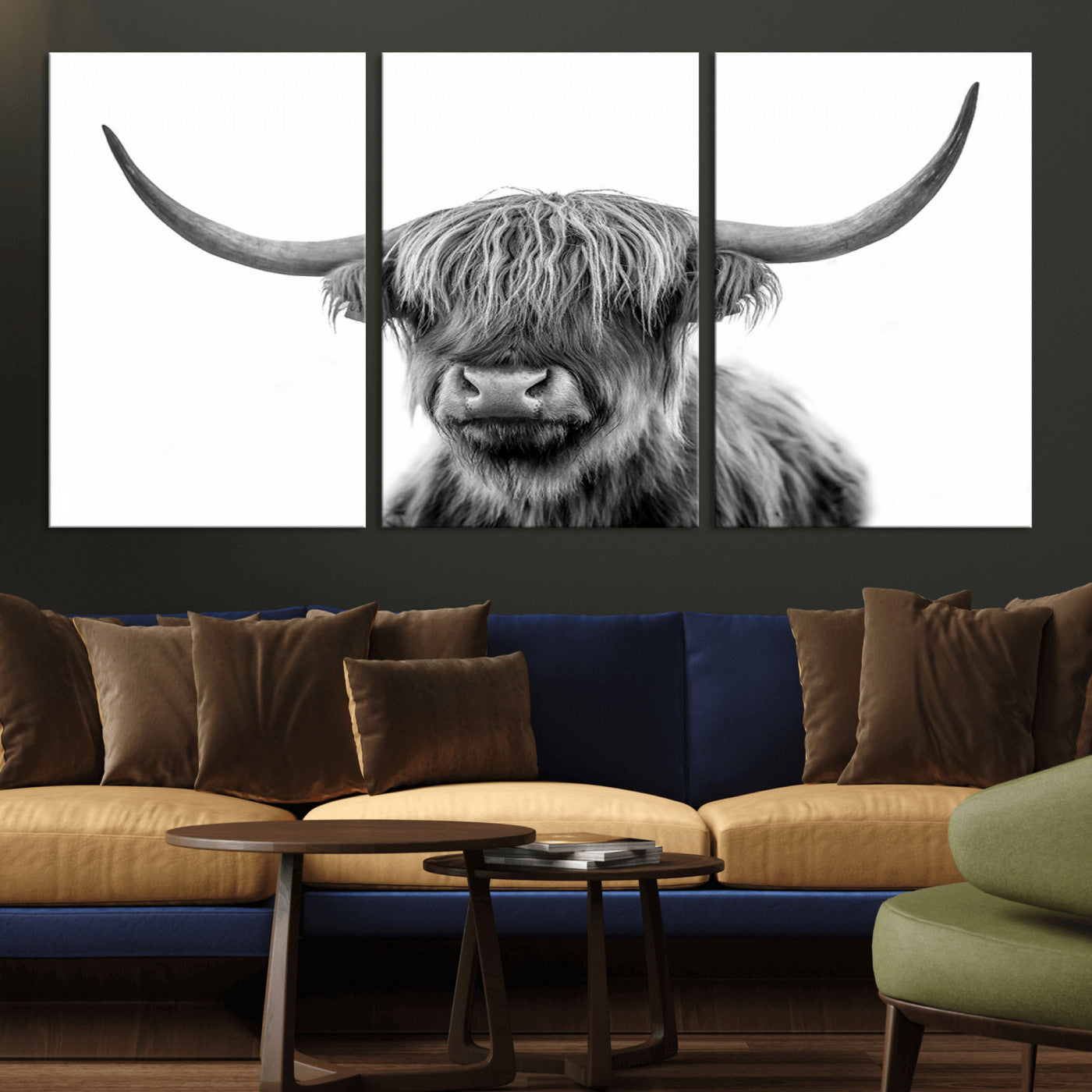 MGV-CV-60X30-3P - Grayscale Scottish Highland Cow Cattle Art Print Farmhouse Wall Art Canvas Print