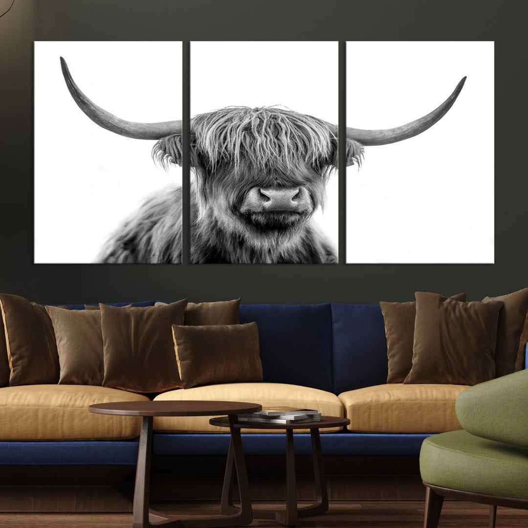 A Scottish Highland Cow Art Canvas adds charm to the farmhouse decor.