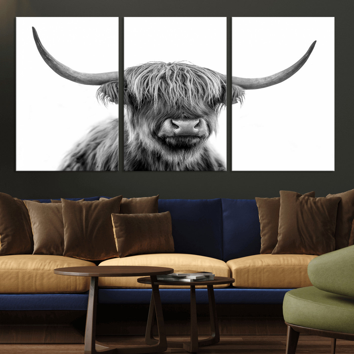 MGV-CV-60X30-3P - Scottish Highland Cow Cattle Art Print Wall Art Canvas Print for Farmhouse Decor, Framed Scottish