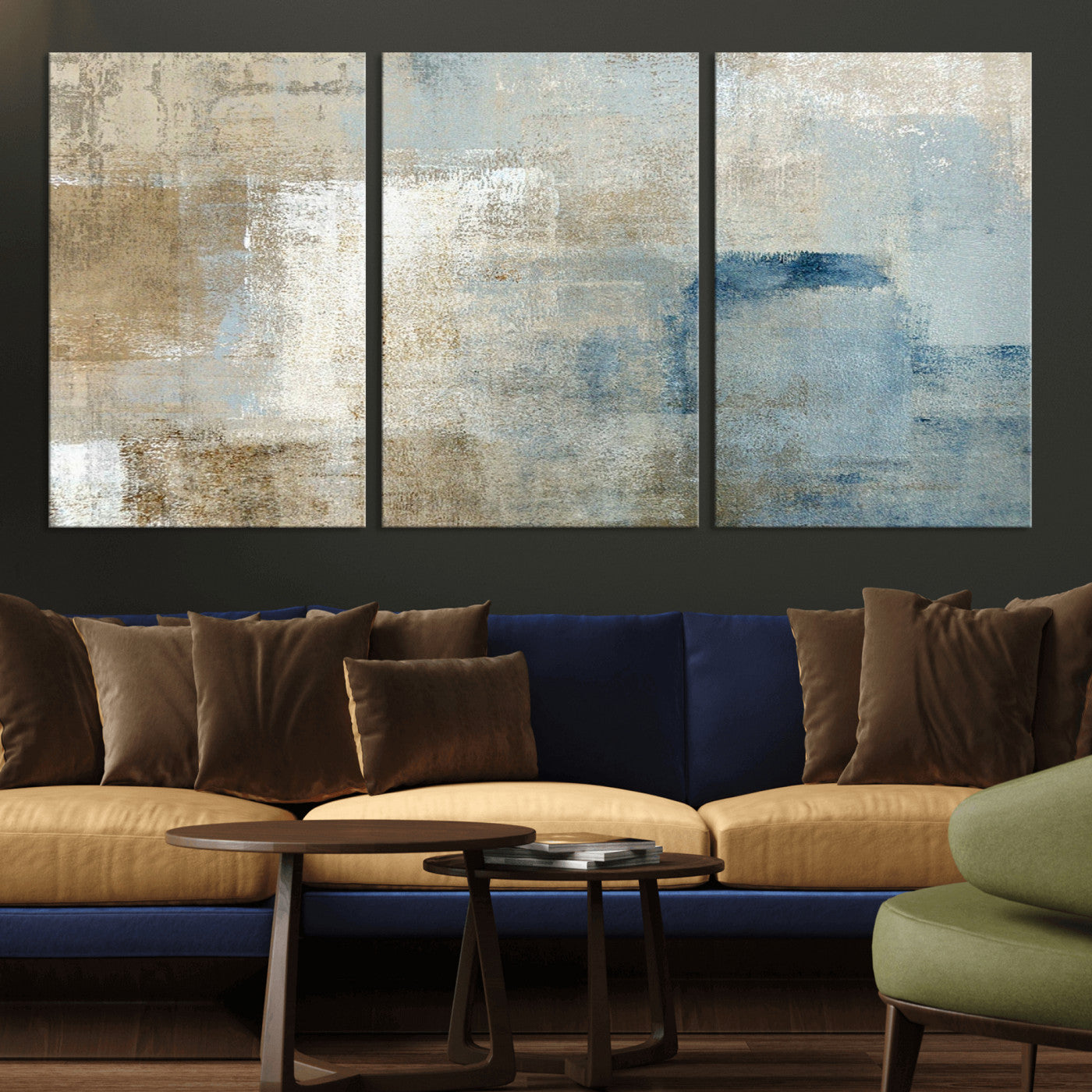 MGV-CV-60X30-3P - Abstract Blue and Beige Wall Art, Modern Minimalist Canvas Print Set, Giclee Textured Art, Large Multi-Panel Artwork for Living Room