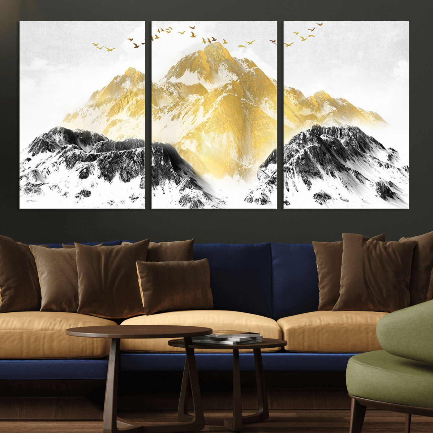 MGV-CV-60X30-3P - Golden Mountain Triptych Wall Art, Modern Giclee Canvas Print, Nature Landscape Decor for Living Room, Contemporary Gold and Black Wall Art