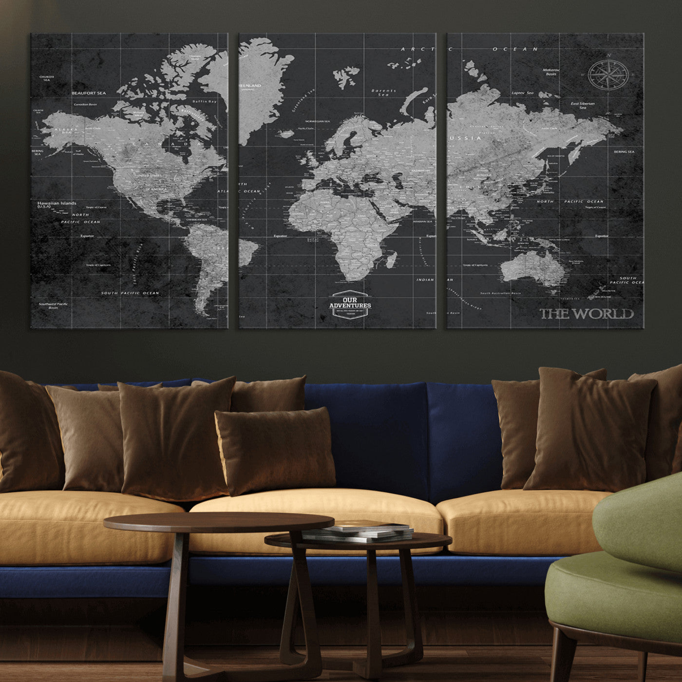 MGV-CV-60X30-3P - Push Pin World Map Canvas Print – Framed Wall Art for Couples to Track Their Travels – Anniversary