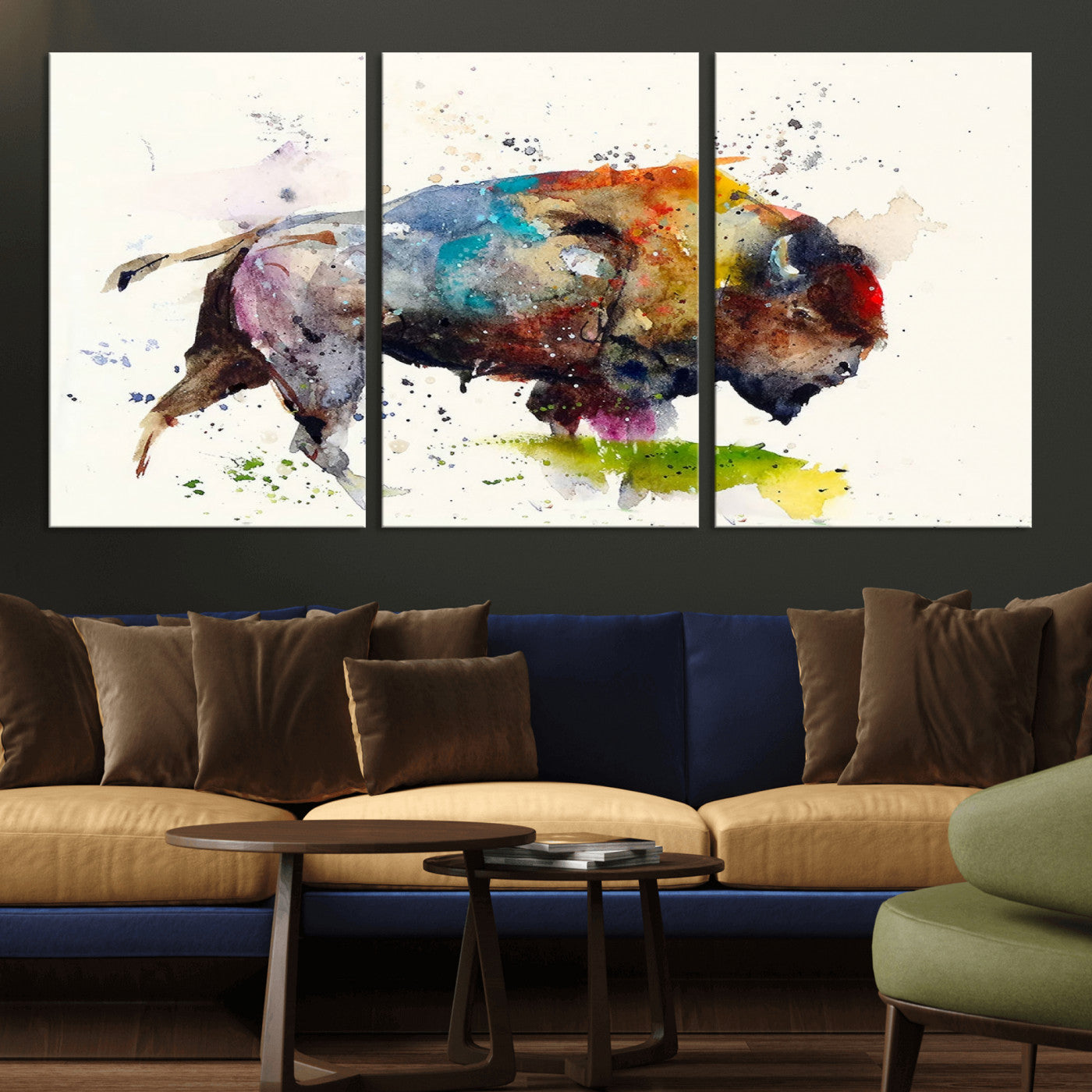MGV-CV-60X30-3P - Abstract Buffalo Wall Art, Western Watercolor Bison Canvas Print, Rustic Buffalo Art for Cowboy and Western Decor, Large Multi-Panel Giclee Canvas