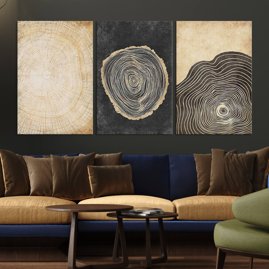 Tree Rings Canvas Wall Art Print hangs prominently in a modern kitchen.