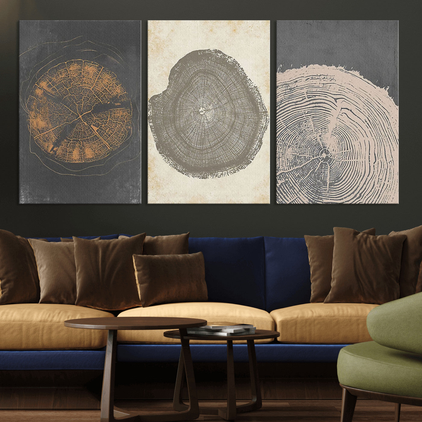 MGV-CV-60X30-3P - Boho Tree Ring Wall Art, Modern Minimalist Wood Grain Canvas, Tree Slice for Rustic Decor, Farmhouse Decor Giclee Canvas Print, Tree Ring Canvas Set