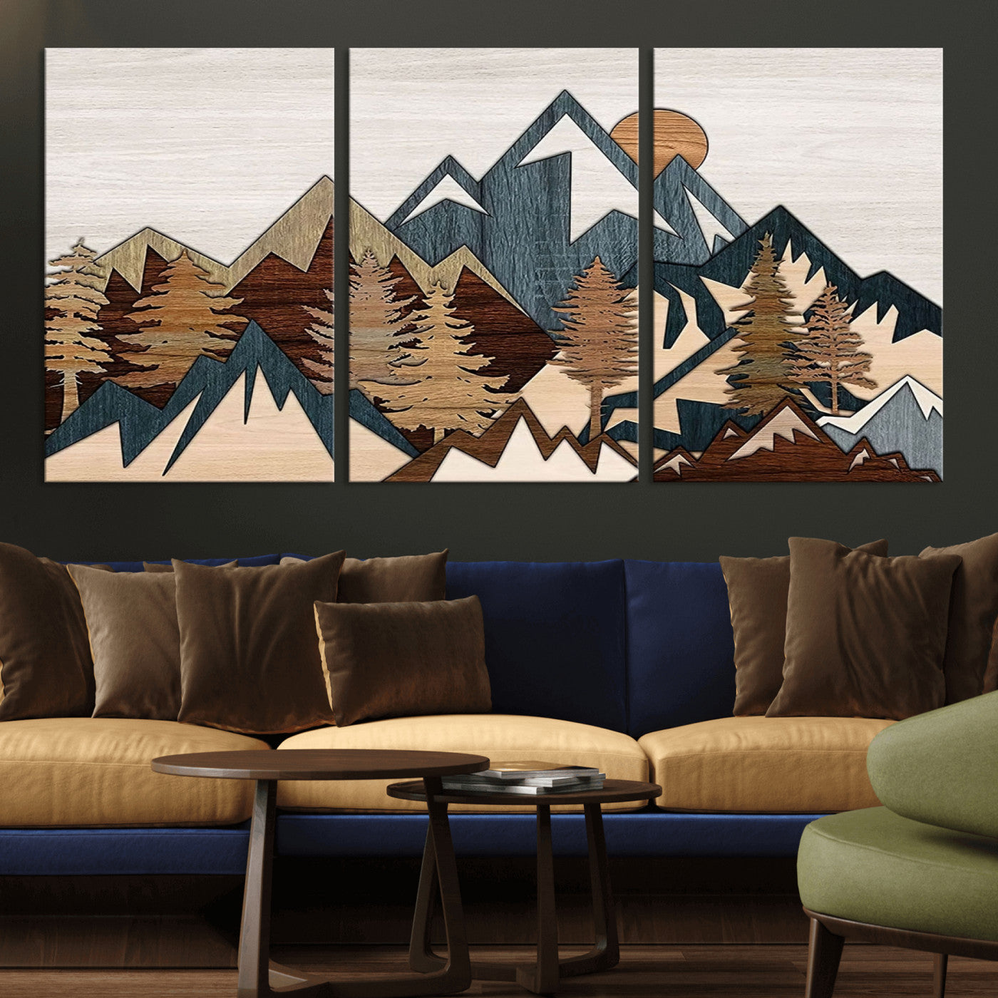 MGV-CV-60X30-3P - Rustic Abstract Wood Panel Effect Canvas Mountain Range Top Wood Wall Art Canvas Print