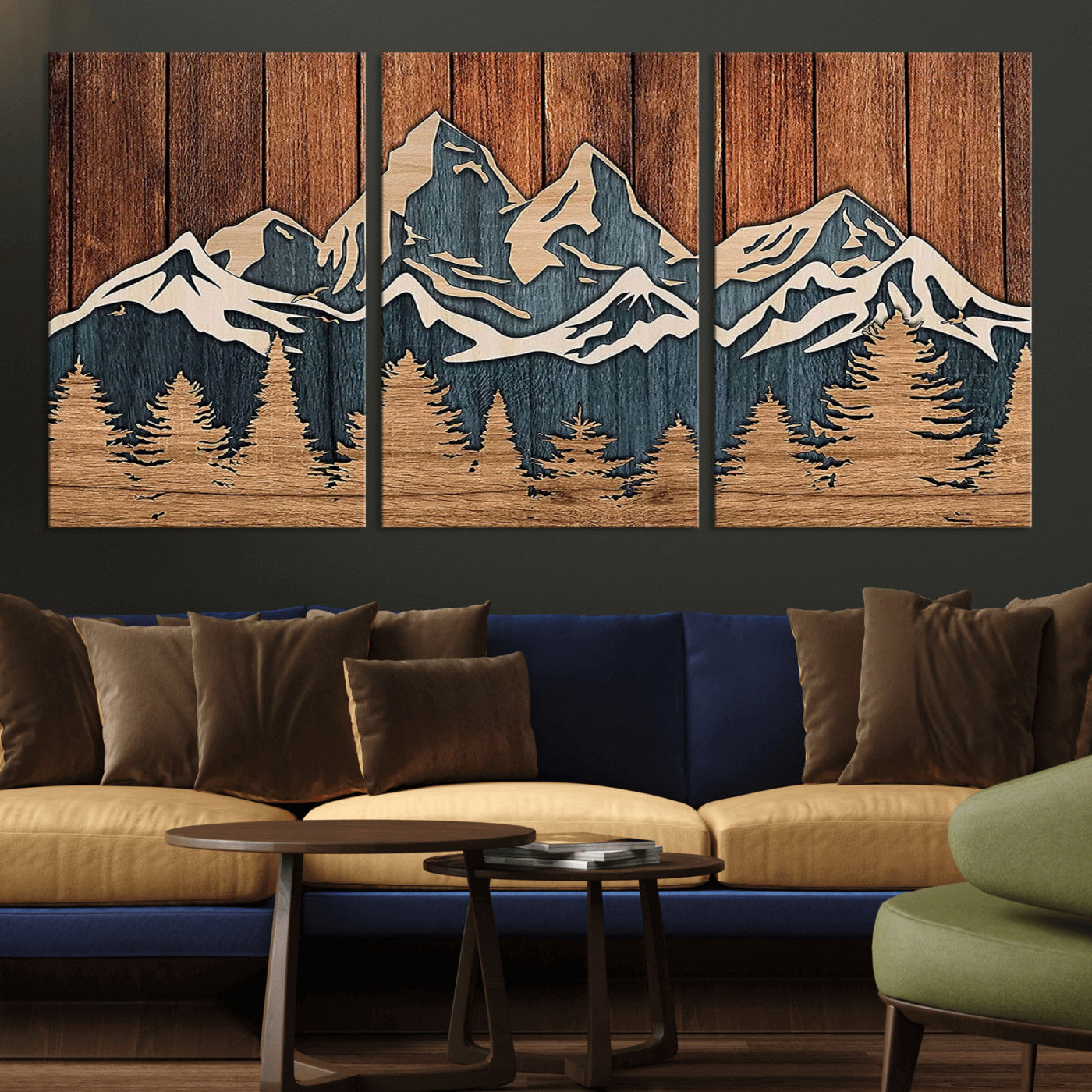 MGV-CV-60X30-3P - Rustic Wood Style Mountain Wall Art, Nature Forest Canvas Print, Wooden Textured Mountain Artwork, Handcrafted Landscape Decor for Farmhouse Decor