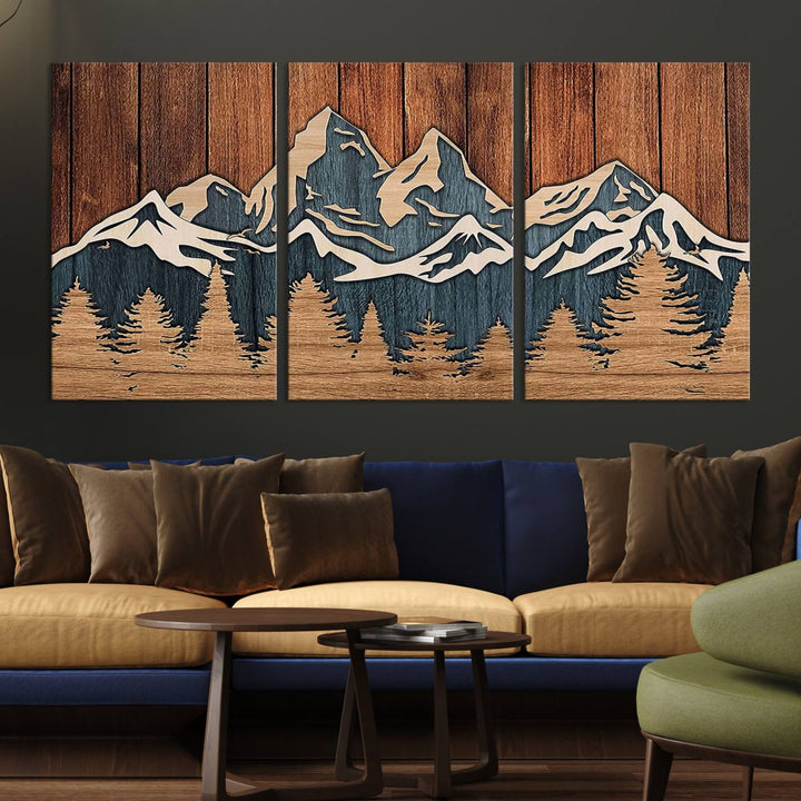 Rustic Wood Style Mountain Wall Art hangs on the wall.