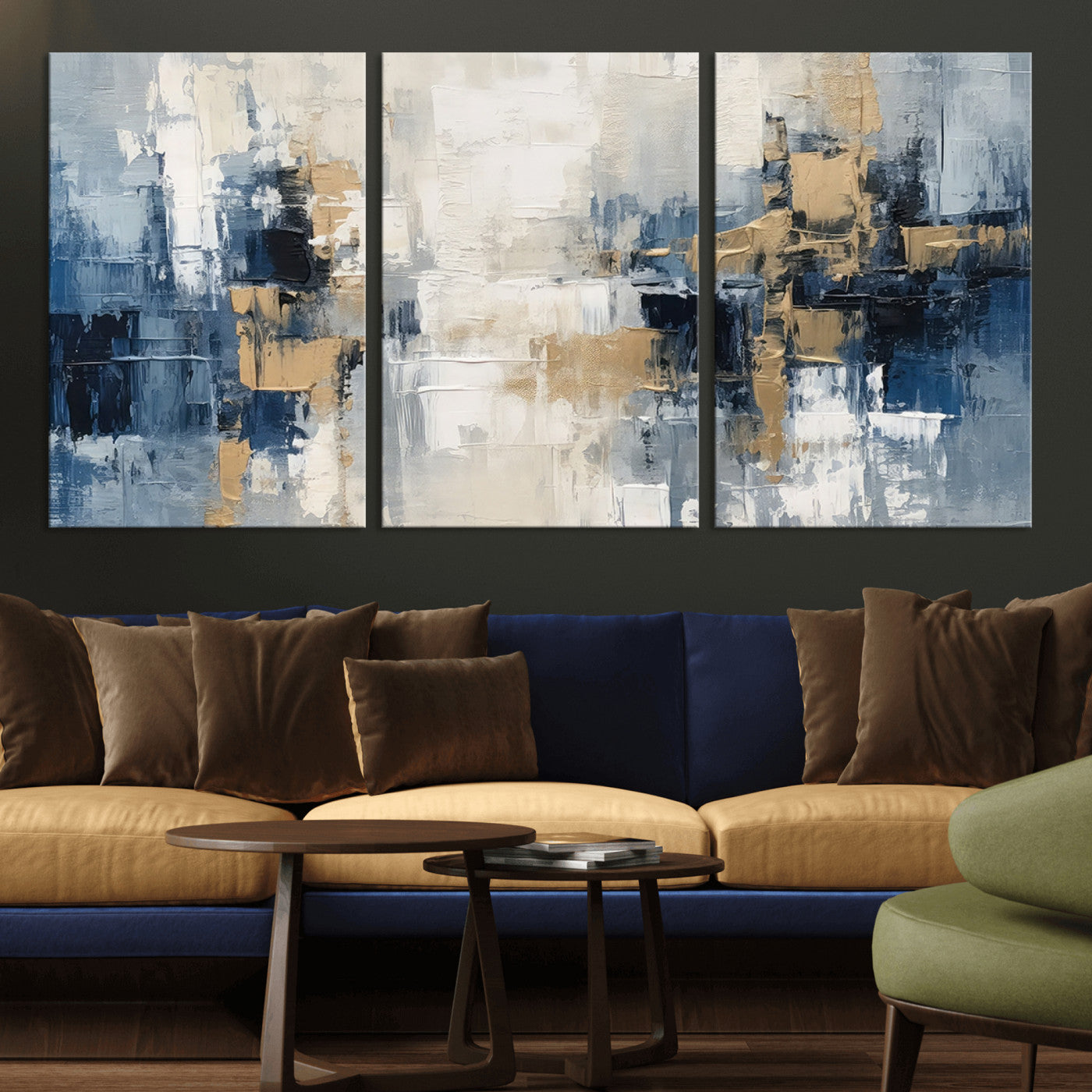 MGV-CV-60X30-3P - Modern Abstract Canvas Wall Art in Blue and Gold Tones | Large Contemporary Art for Living Room, Office, or Bedroom Décor