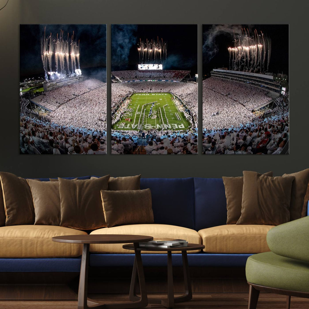 The perfect Penn State Football canvas wall art features a depiction of Beaver Stadium filled with fans in white, with fireworks exploding above.