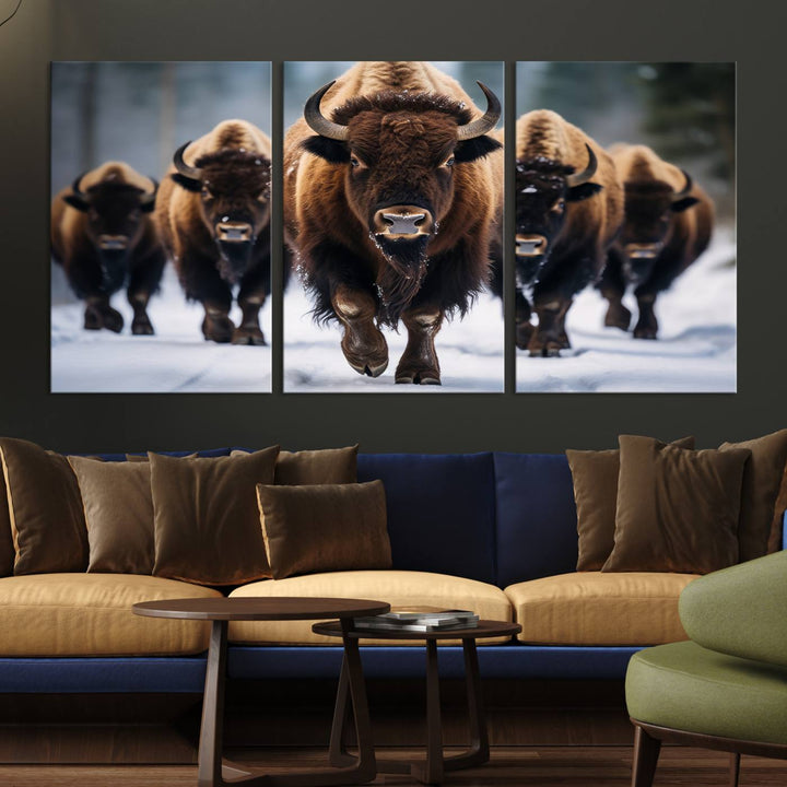 The dining room features an American Bison Herd Canvas Print against the snow.