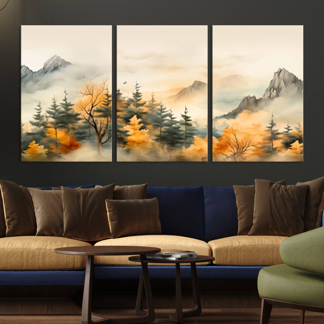 A wall art of Abstract Watercolor Mountains and Trees Autumn on museum-quality canvas.