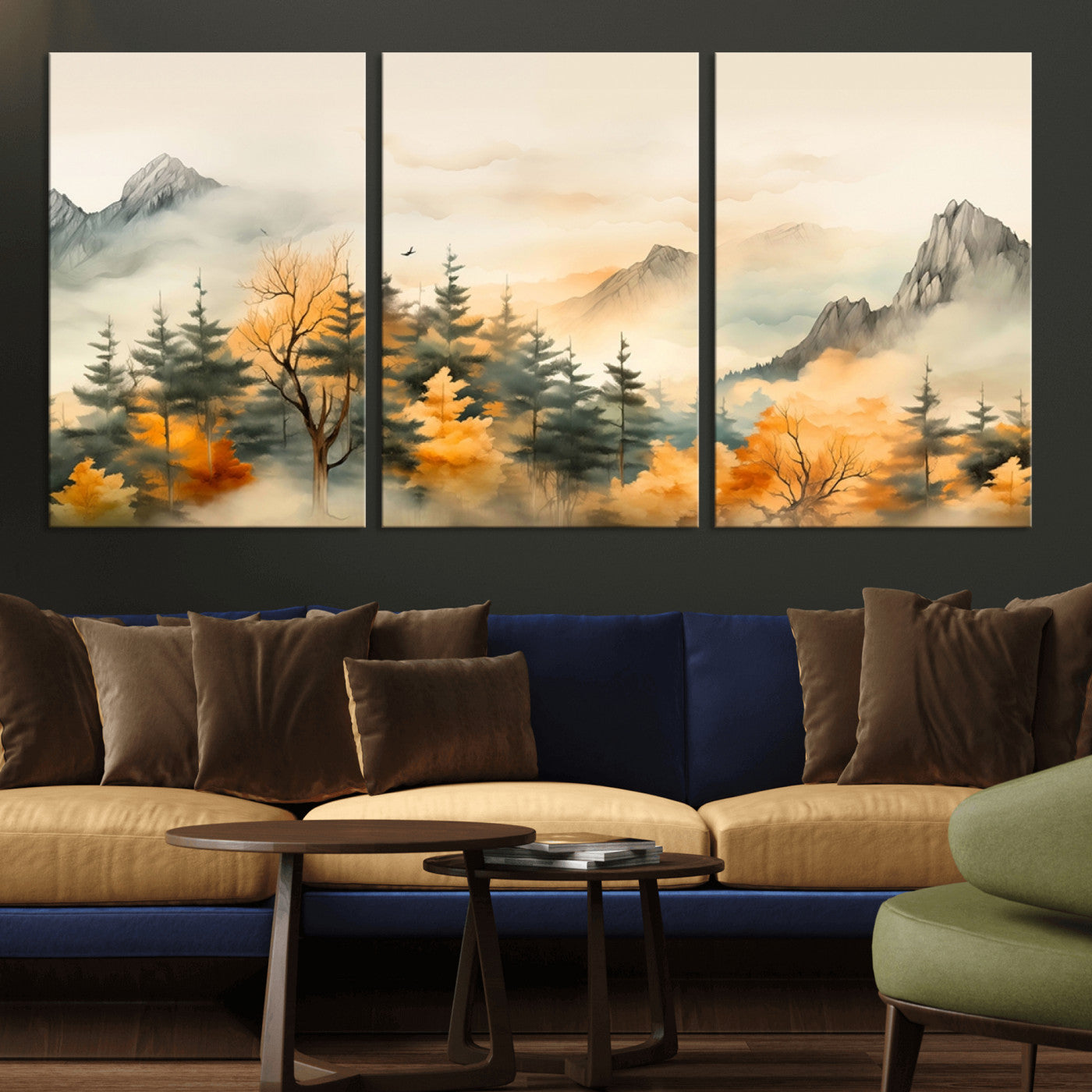MGV-CV-60X30-3P - Abstract Watercolor Mountains and Trees Autumn Art, Watercolor Mountains and Trees Canvas Print
