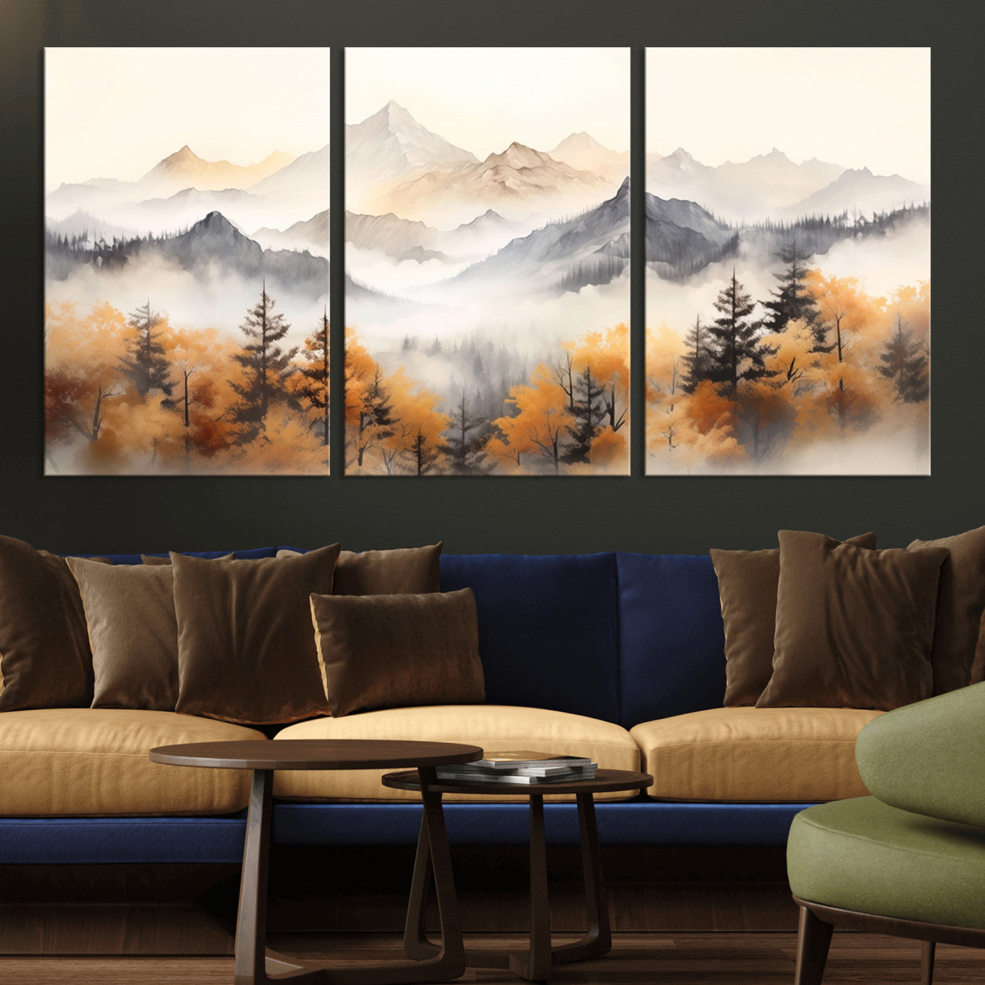 MGV-CV-60X30-3P - Mountain and Forest Landscape Wall Art | Misty Autumn Forest and Mountains Canvas Print for Living Room, Bedroom, Office | Large Wall Art Decor