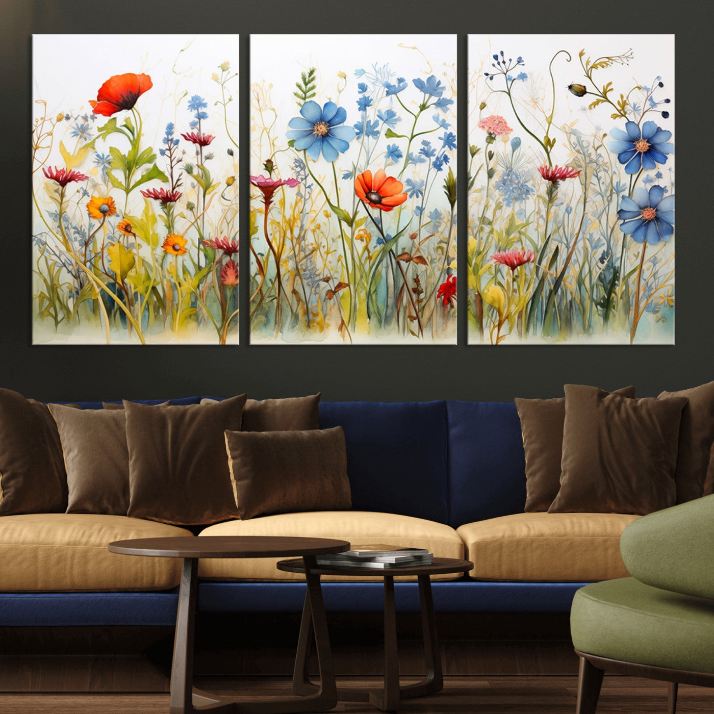 MGV-CV-60X30-3P - Colorful Wildflower Canvas Wall Art - Vibrant Floral Botanical Print, Bright Nature Decor for Living Room, Large 3 Panel Set, Ready to Hang