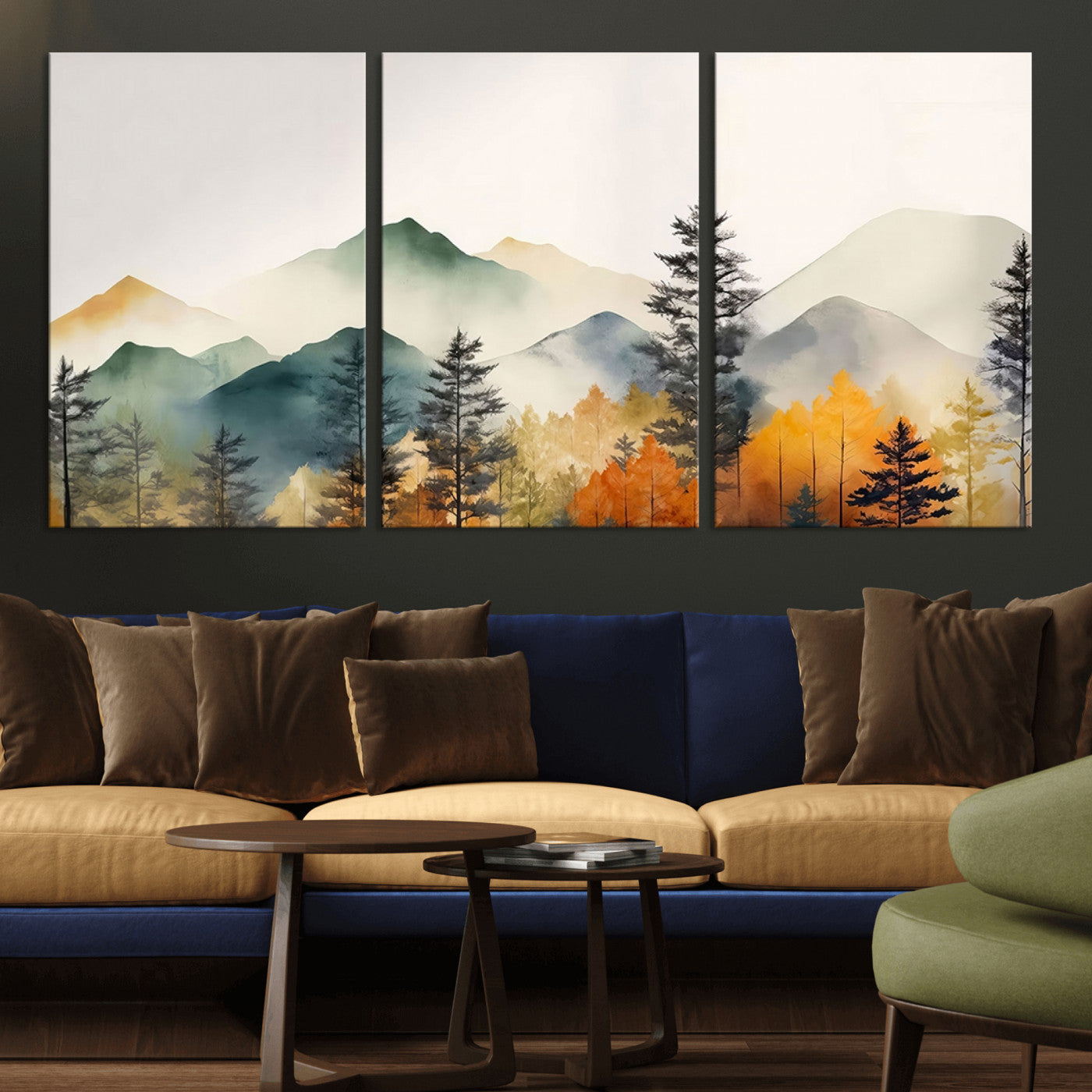 MGV-CV-60X30-3P - Abstract Watercolor Mountains and Trees Autumn Wall Art, Mountains and Trees Autumn Wall Art Canvas