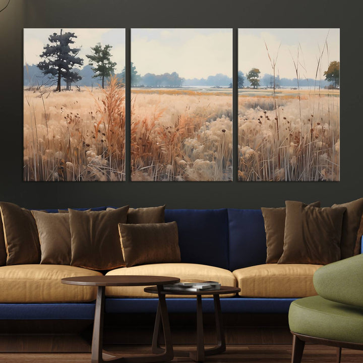 The Golden Fields Canvas Art Print, depicting a serene landscape, adds tranquility with its presence.