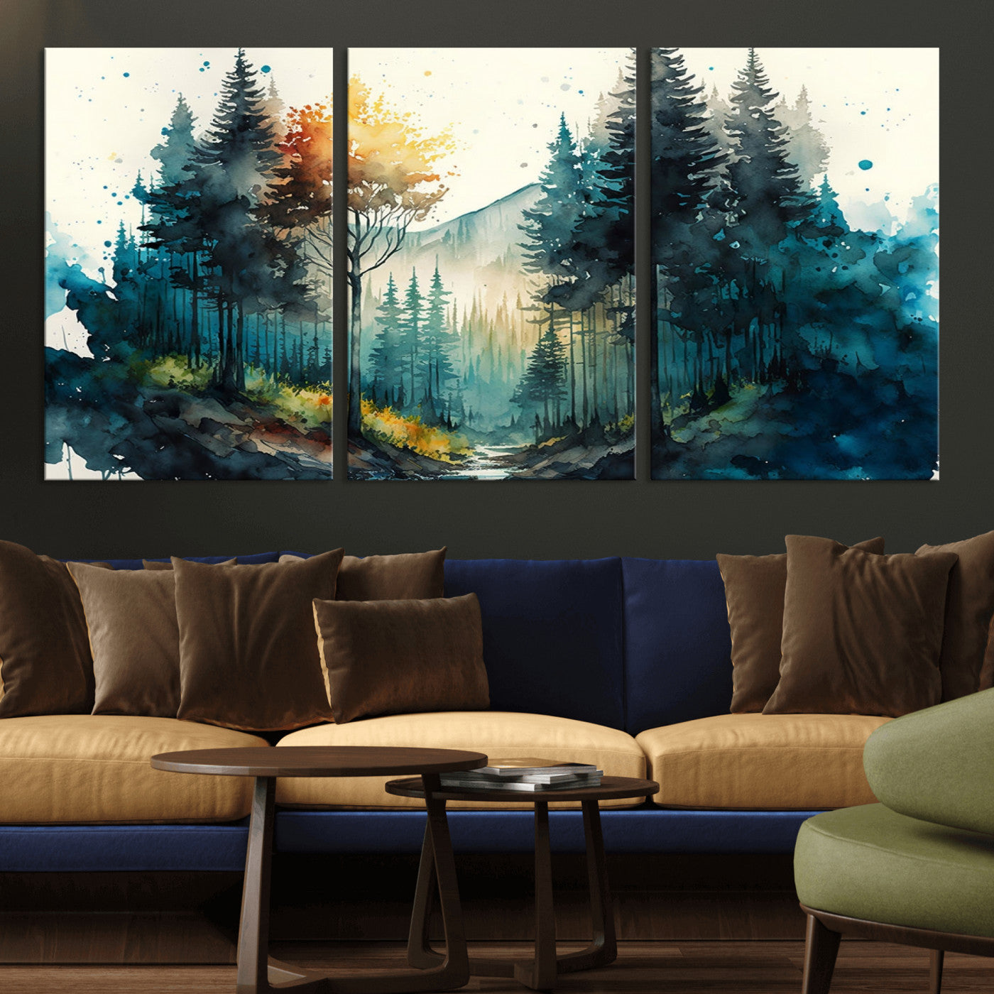 MGV-CV-60X30-3P - Watercolor Trees Forest Abstract Wall Art Canvas Print
