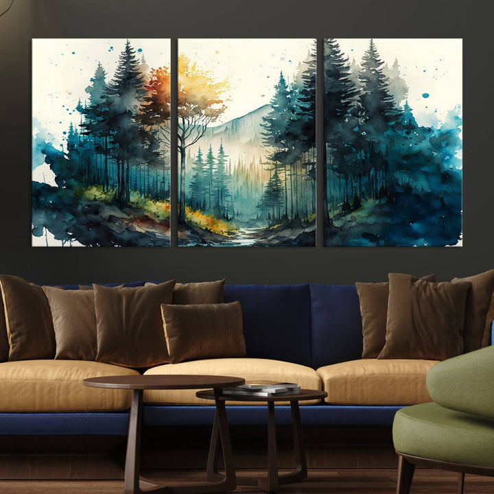 The Watercolor Trees Forest Abstract canvas print is displayed prominently.