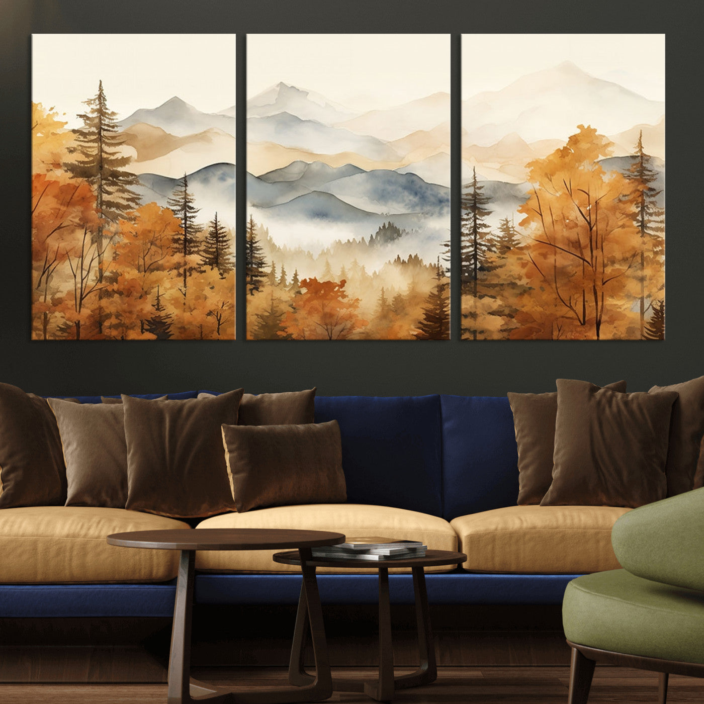 MGV-CV-60X30-3P - Golden Autumn Forest Wall Art | Mountain Landscape Canvas Print for Living Room or Bedroom | Large Wall Decor with Nature-Inspired Design