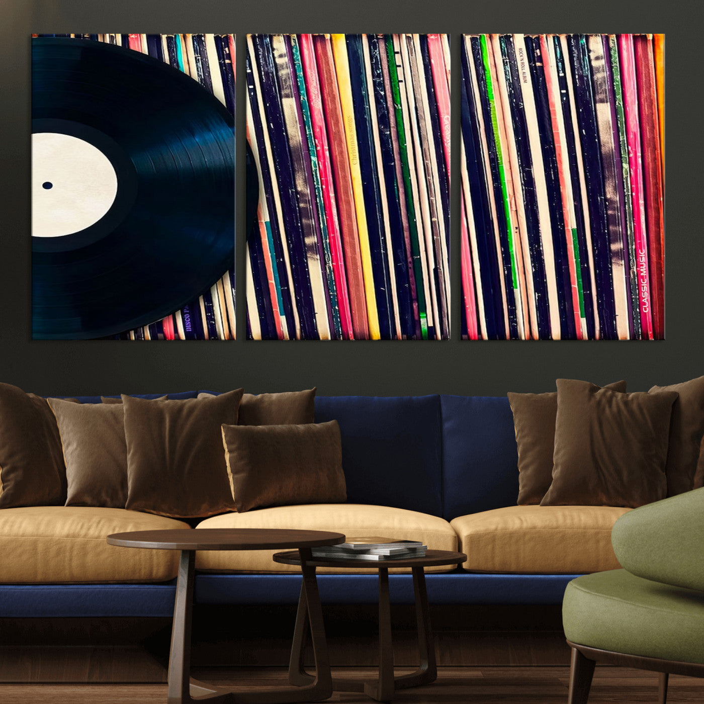 MGV-CV-60X30-3P - Vinyl Record and Album Collection Canvas Wall Art - Retro Music Decor for Living Room, Vintage Vinyl Lover’s Set
