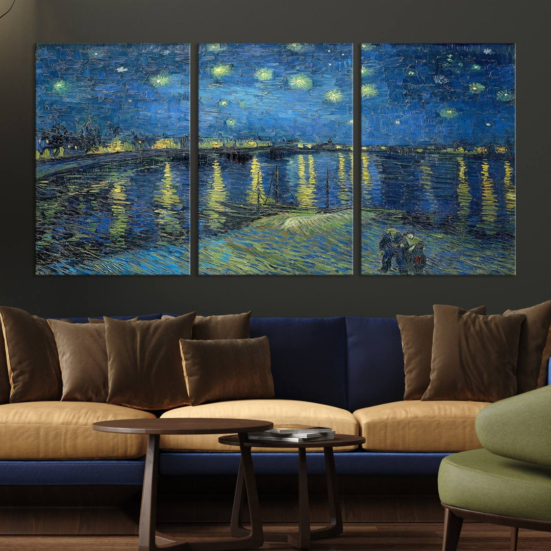 A Vincent van Gogh Starry Night over the Rhone canvas print is displayed on a porch.