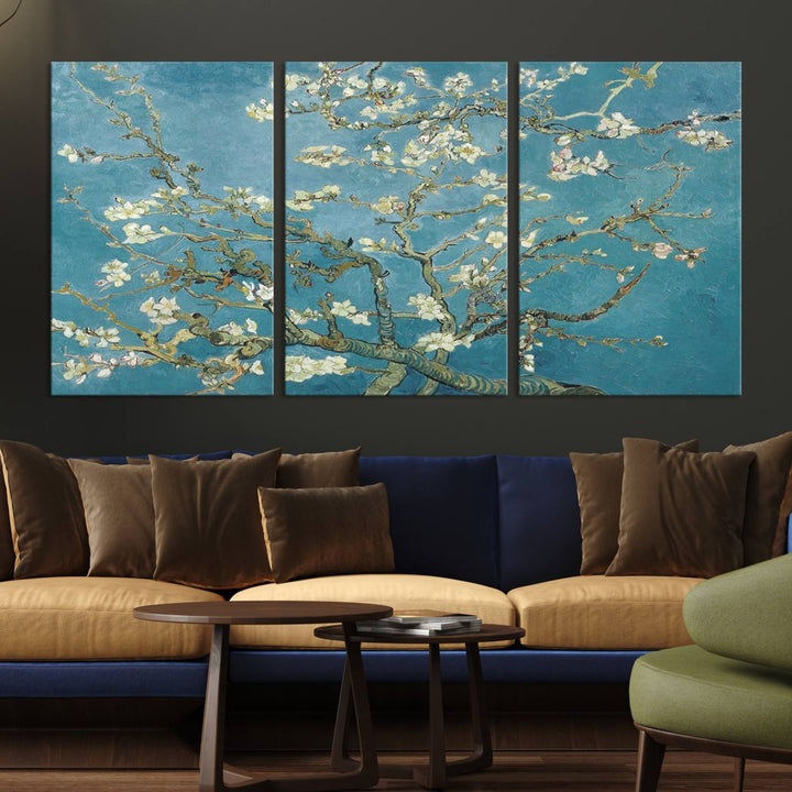 The wall art, Vincent Van Goghs Almond Blossom, stands out with its vibrant depiction against a serene blue background.