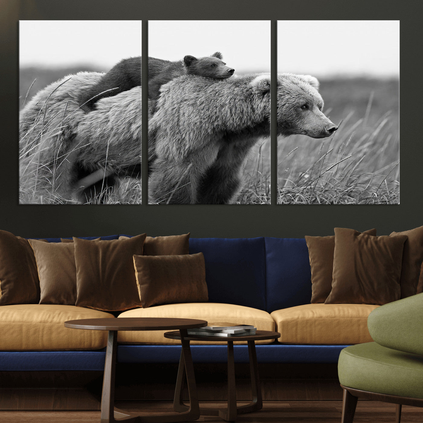 MGV-CV-60X30-3P - Bear and Cub Wall Art Canvas | 399 Bear Cub Wildlife-Inspired Animal Art for Living Room or Office | Grizzly Bear Print of Photography