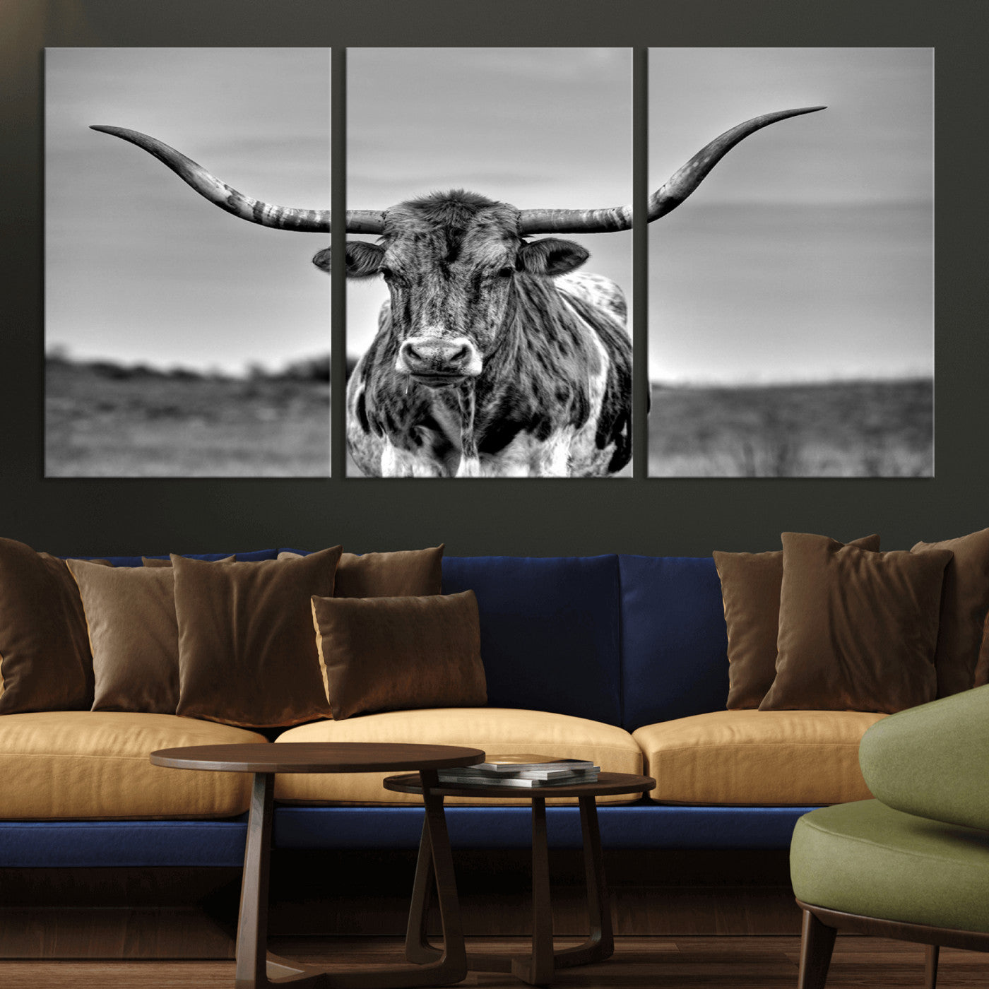 MGV-CV-60X30-3P - Texas Longhorn Cpw Wall Art, Texas Longhorn Canvas, Cattle Canvas Print