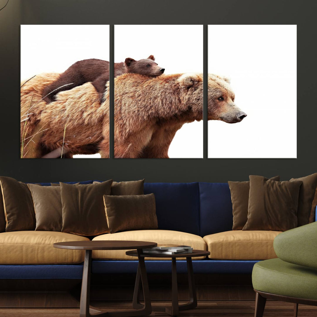 Mother and Baby Bear canvas: an adorable wildlife print displayed on a dark green wall.