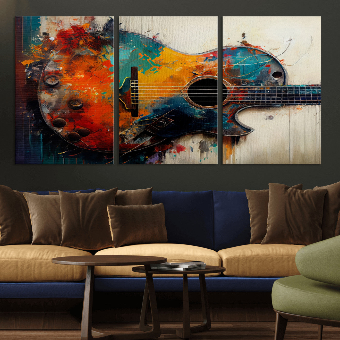 MGV-CV-60X30-3P - Abstract Guitar Wall Art Canvas | Vibrant Music-Inspired Art for Living Room or Studio | Colorful Music Decor Canvas Print
