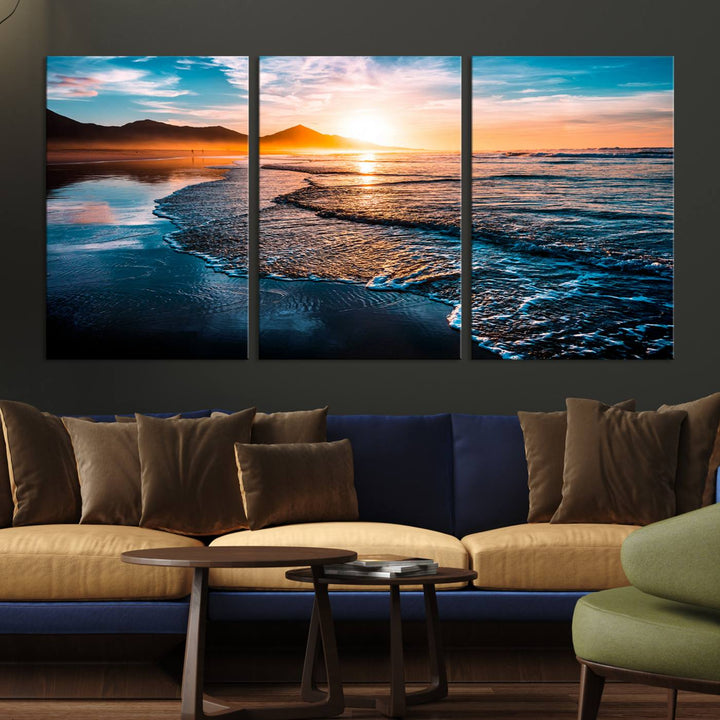 The Sunset Beach Ocean Canvas Wall Art – Tranquil Reflections at Dusk enhances the ambiance with its captivating depiction of serene ocean views at dusk.