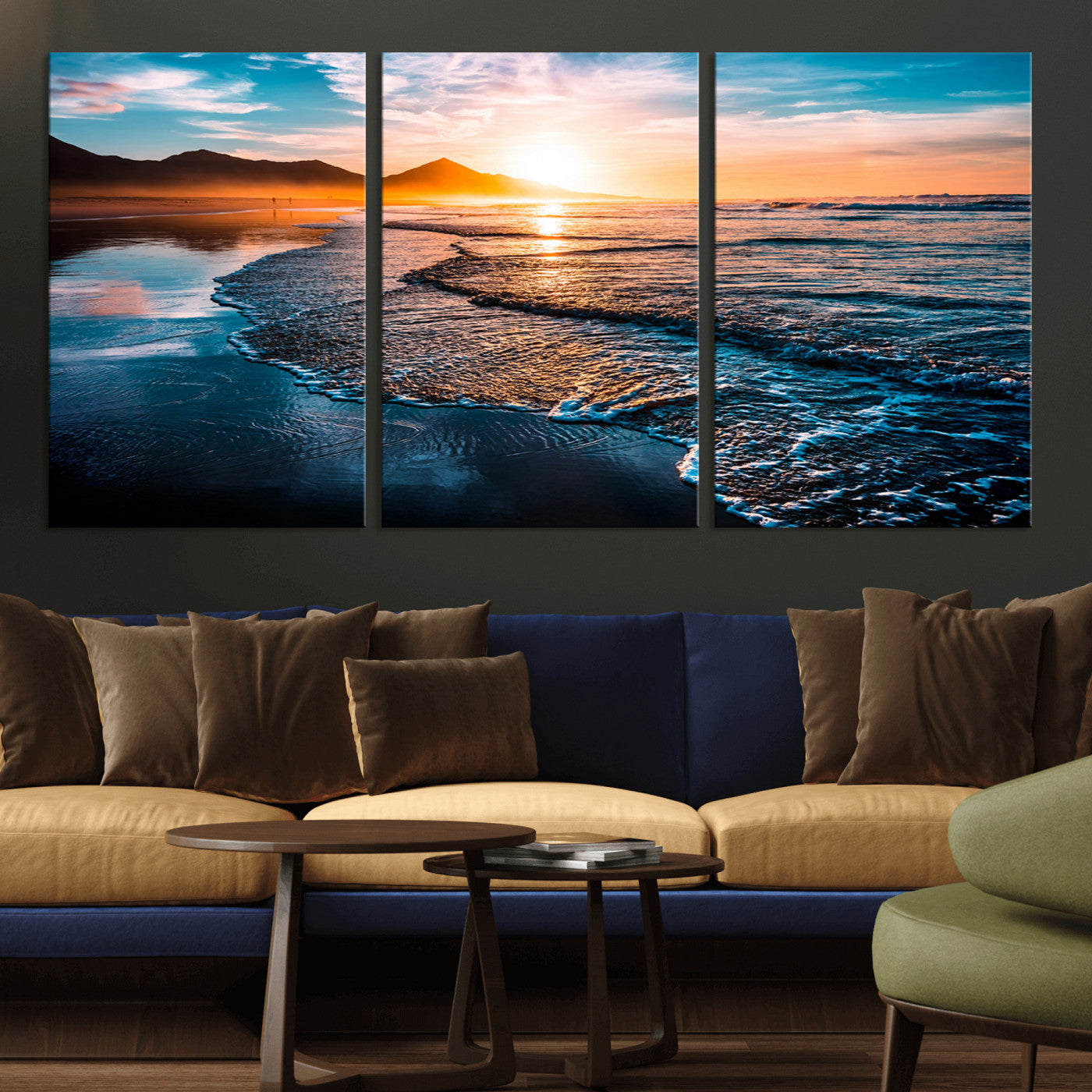 MGV-CV-60X30-3P - Sunset Beach Ocean Canvas Wall Art – Tranquil Ocean Reflections at Dusk – Ready to Hang