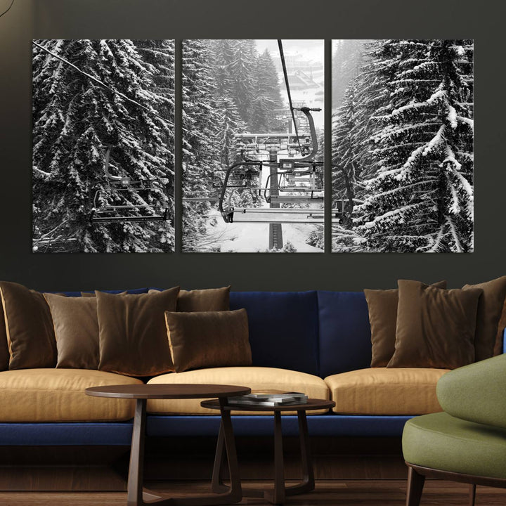 The Winter Ski Lift Canvas in minimalist style adds a unique touch to the dining room.