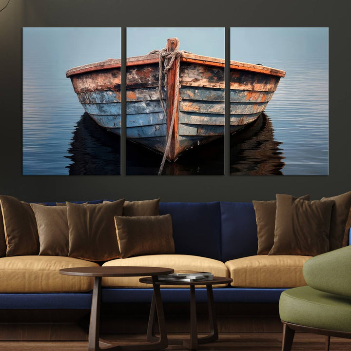 Stunning vintage boat canvas print featuring a calm water scene.