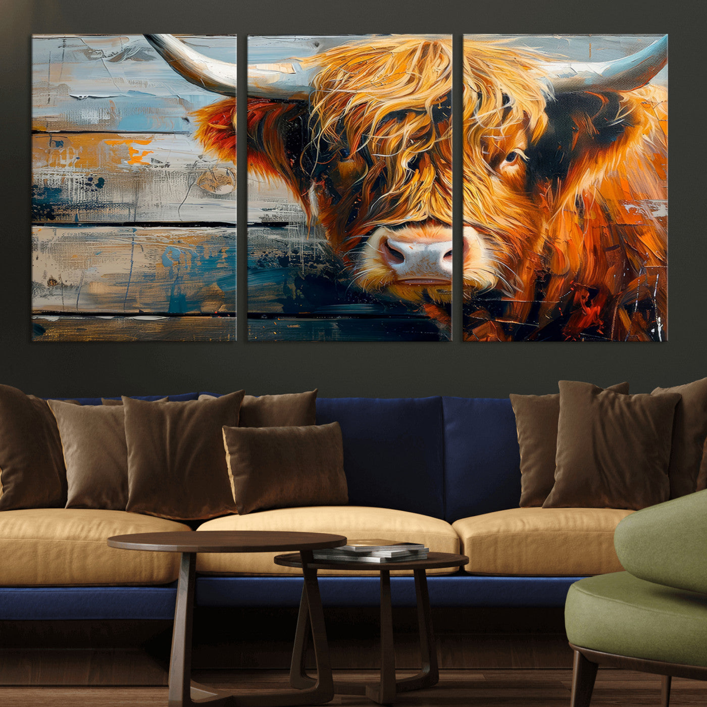 -Highland Cow Abstract Canvas Wall Art – Bold Farmhouse Rustic Decor – Ready to Hang