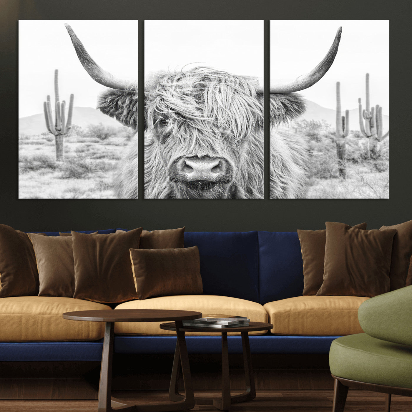 -Rustic Charm | Cow Longhorn Black White Bighorn Wall Art Canvas Print | Farmhouse Wall Art