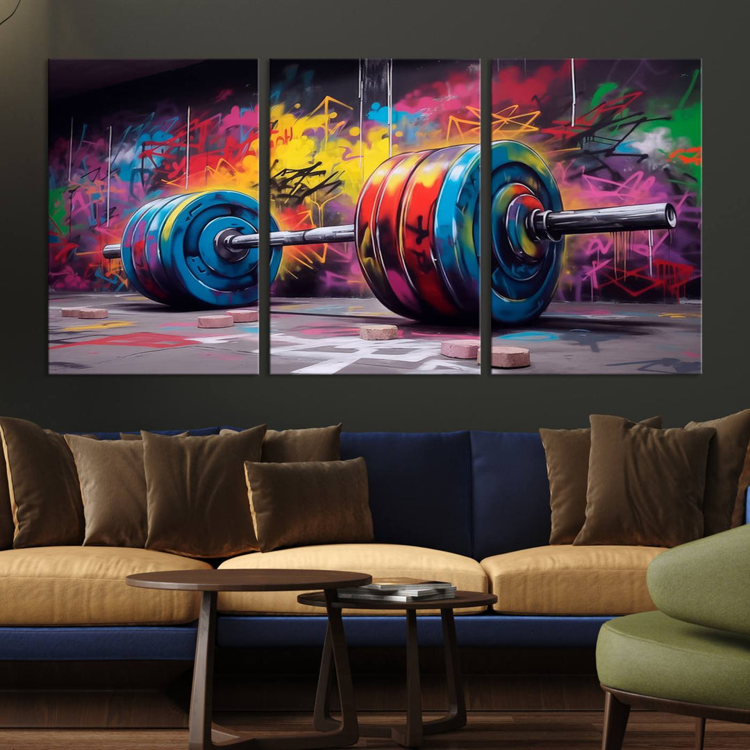 The Abstract Graffiti Barbell Canvas Wall Art is displayed on a porch.