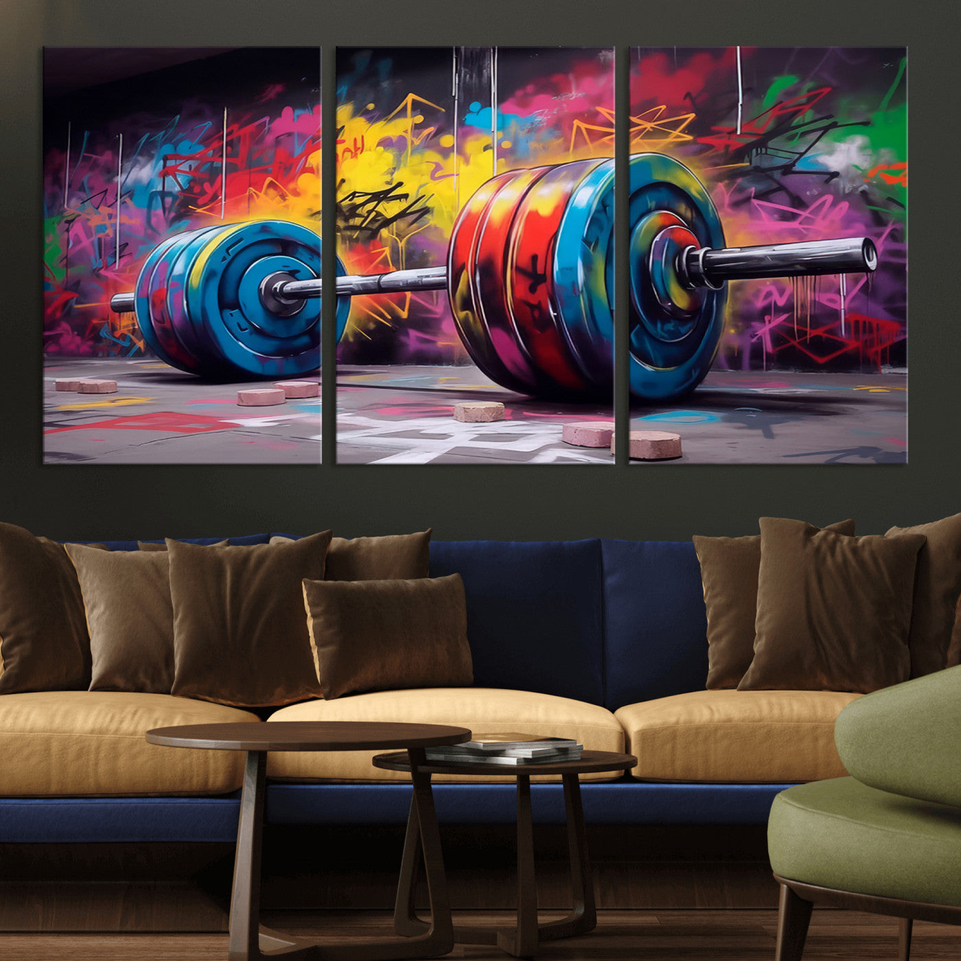MGV-CV-60X30-3P - Abstract Graffiti Barbell Canvas Wall Art – Urban Fitness Meets Bold Street Art Print - Gym Wall Art Print