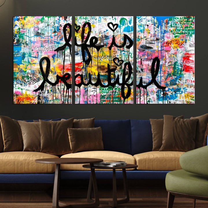 The Life Beautiful graffiti style canvas print is showcased in black script.