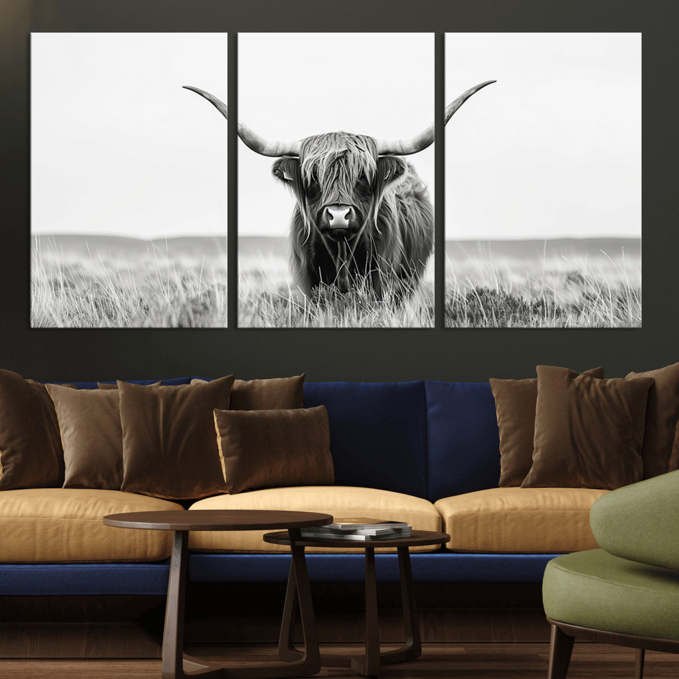 MGV-CV-60X30-3P - Highland Cow Canvas Wall Art – Majestic Beauty in Black and White – Ready to Hang